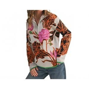 NEW AAPPARELLA half-zip long sleeve sweater in orange & pink bold blooms on crea